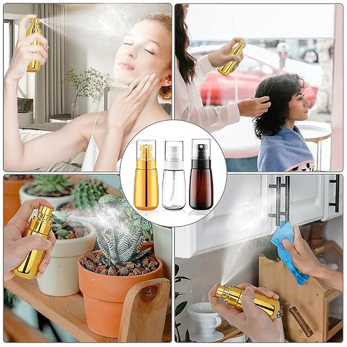 Cosywell Travel Spray Bottle TSA Approved 3 Pack 2oz 60ml Leak Proof Fine Mist Spray Bottle Empty Plastic Refillable Containers for Hair Perfume Toners Rose Water Cosmetics(Brown+Clear+Glod)