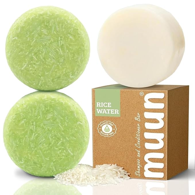 Muun Rice Water Shampoo and Conditioner Bar Pack 3 - Hair Growth, Thickening, Strengthening, Anti Hair Loss, Volumize & pH Balanced - Sulfate & Silicone Free For All Hair Type