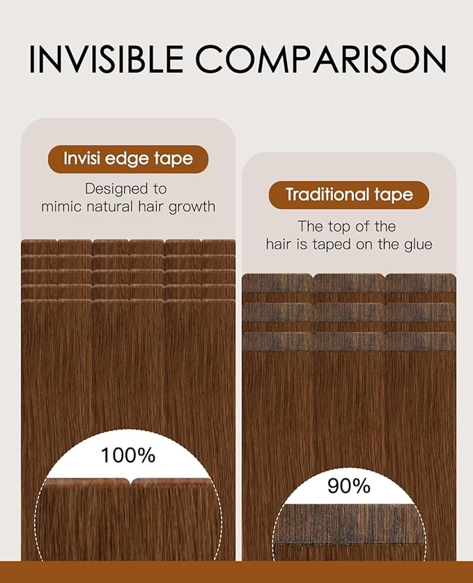 VINBAO Invisi Edge Tape in Hair Extensions Human Hair 14in 40g 20pcs Auburn Ginger Injected Tape in Hair Extensions Seamless Pro Quality Silky Straight 14inch #33