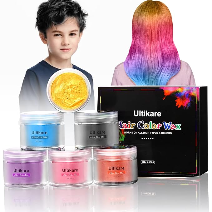 Temporary Hair Color for Kids, Ultikare Red Hair Dye Washable Natural Hair Wax Color Chalk Mud Cream DIY Hairstyle Clay For Dark Hair Halloween, Cosplay, Party, Christmas Gift Girls 3.4 Fl Oz 6 colors