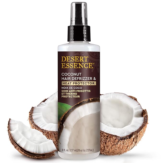 Desert Essence Coconut Hair Defrizzer & Heat Protector 8 fl oz - Gluten Free, Vegan, Cruelty Free - Coconut Oil & Jojoba Seed Extract - Protects Hair from Heat & Styling Damage