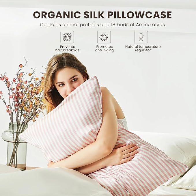 THXSILK Mulberry Silk Pillowcase for Hair and Skin Health, Grade 6A+ Mulberry Silk Pillowcase with Hidden Zipper, Soft and Breathable, 1pc (Queen 20"x30", Pink White Stripes)