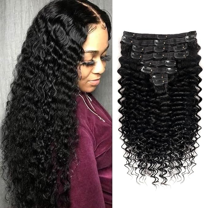 Deep Wave Clip in Hair Extensions Real Human Hair Brazilian Virgin Human Hair Clip in Extensions for Black Women 8Pcs Remy Hair with 18Clips 120g (26inch, Natural Black)