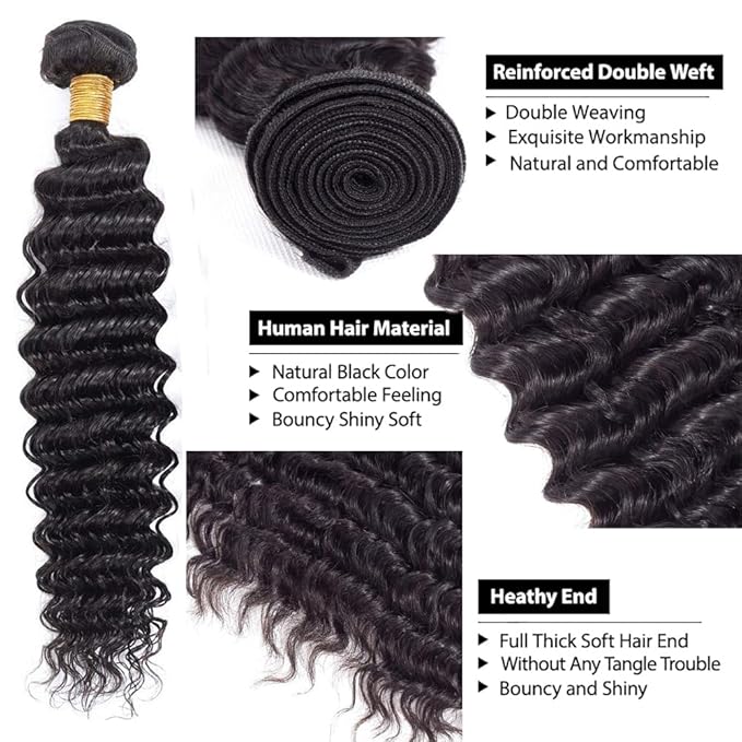 Bundles Human Hair Natural Black Deep Wave Bundle Niegmeag Virgin Remy Hair 3 Bundles 26 28 30 Inch Double Weft Soft and Silky Color 1B Bundle 300g
