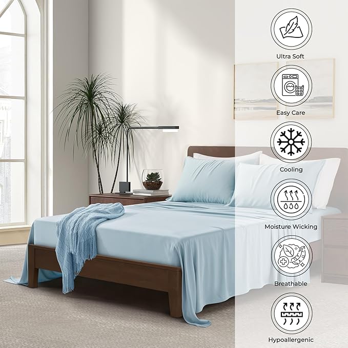 Luxury Bamboo Market | Queen Envelope Pillowcase Set | 100% Viscose Made from Bamboo | Organically Grown | Ultra Soft | Cooling | 2pcs [Spa Blue]