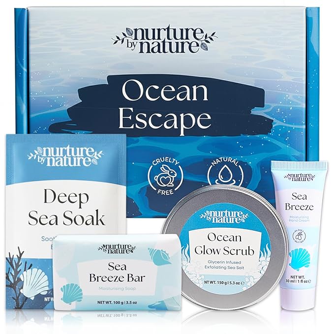 Nurture by Nature Ocean Escape Spa Gift Baskets for Women - 4 Piece Ocean Home Self Care Gift Set with Body Scrub, Bath Salts, Soap & Hand Cream - Pamper Gifts for Women Relax - Cruelty Free & Vegan