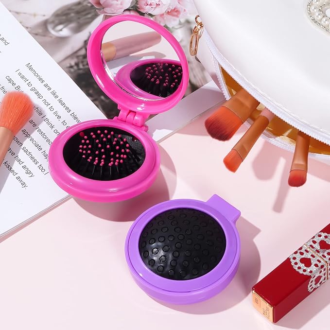 2pcs Folding Travel Mirror Hair Brushes Round Mirror Pocket Hair Brush Portable Mini Pop Up Hair Brushes for Women Girls Wet and Dry Hair