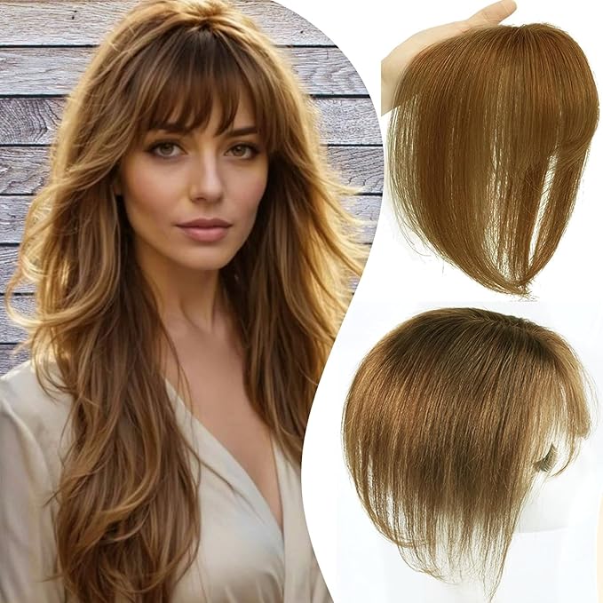 Hair Toppers for Women Real Human Hair 3D Cover Human Topper with Bangs Wispy Bangs Extensions Clip in Bangs for Daily Wear Chocolate Brown