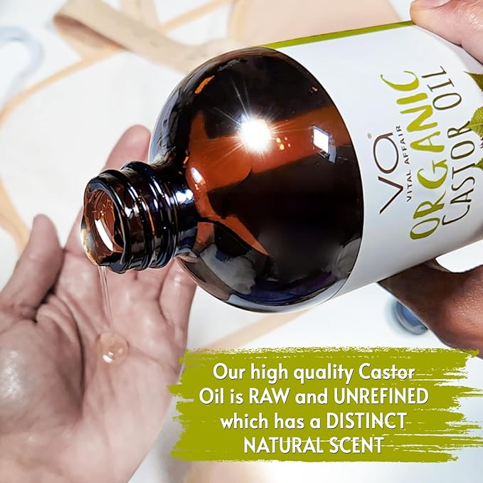 VITAL AFFAIR Castor Oil Organic Cold Pressed Unrefined Glass Bottle - USDA Certified Castor Oil For Hair Growth, Skin, Eyelashes, Eyebrows & Nails - 8 Fl Oz