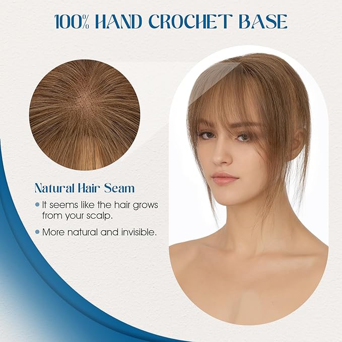 Hair Topper Human Hair Curtain Air Bangs Topper for Women,3.54x4.92 T-part Lace Base Real Human Hair Topper Hair Piece for Daily Wear(Air Bangs,Meduim Brown)