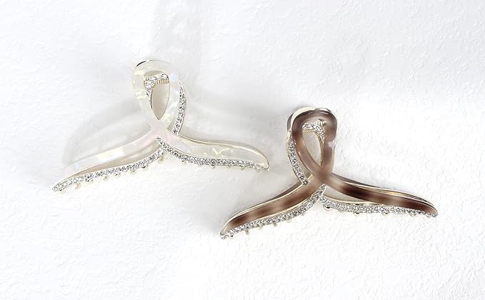 Large Metal Acetate Hair Claw Clips with Rhinestones, Gold Metal Hair Claw for Thick Hair, Strong Hold Non Slip Gold Hair Clips & Acetate Rhinestone for Women（Mermaid White）