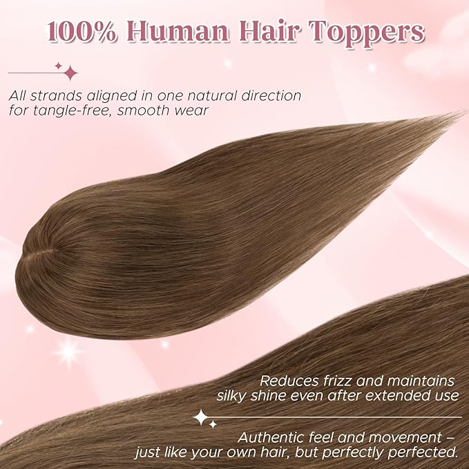 Real Human Hair Toppers for Women 3.54"*4.72" Silky Base 150% Density With Bangs Adjustable Parting Clip-In Topper Hairpieces for Women with Thinning Hair 10 Inches Medium Brown