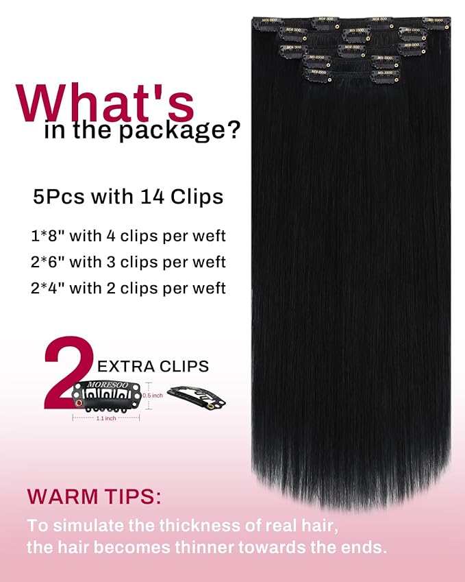 Moresoo Clip in Hair Extensions Remy Double Weft Human Hair Clip in Extensions Straight Hair Extensions for Women Jet Black #1 5pcs 80g 14inch