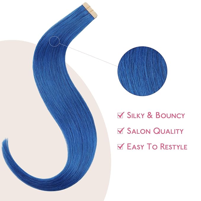 Wennalife Tape in Hair Extensions Human Hair Blue Tape in Extensions, 10pcs 30g 24 inch Remy Invisible Tape Ins Straight Colored Soft Real Human Hair Tape in Extensions Refill Set Extensions