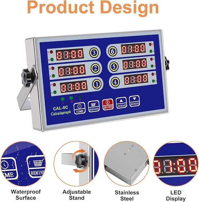 Kitchen Timers for Cooking – 6 Channel Commercial Kitchen Timer Restaurant Kitchen Supplies – Stainless Steel LED Technology Kitchen Timer Digital – Reminder Function, Loud Alarm, Blue