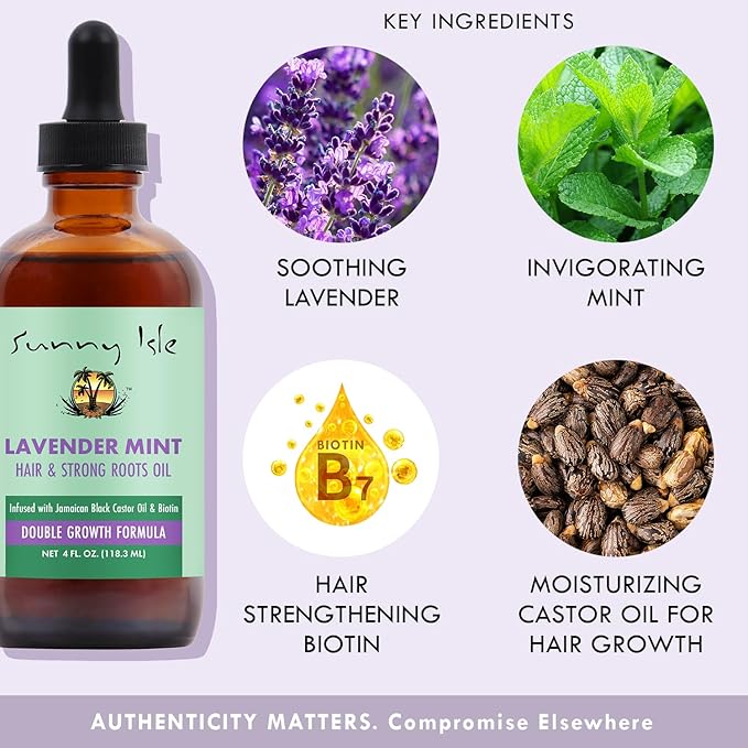 Sunny Isle Lavender Mint Hair and Strong Roots Oil 4oz | Infused with Jamaican Black Castor Oil and Biotin | Strengthen and Nourish Hair Follicles | Dry Scalp, Split Ends | Double Growth Formula