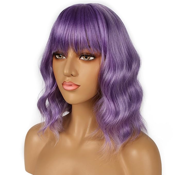 Short Bob Wigs with Bangs for Women Loose Wavy Wig Curly Wavy Shoulder Length Bob Synthetic Cosplay Wig for Girl Colorful Costume Wigs (Violet)