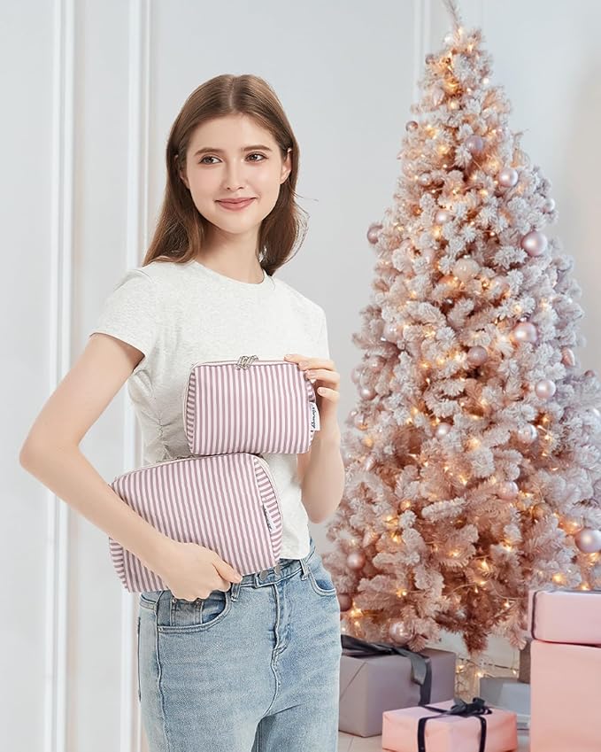 Narwey Striped Makeup Bag Travel Cosmetic Bag Organizer Toiletry Bag Make Up Bags with Compartments for Women Girls (Large, Dusty Rose Stripe)