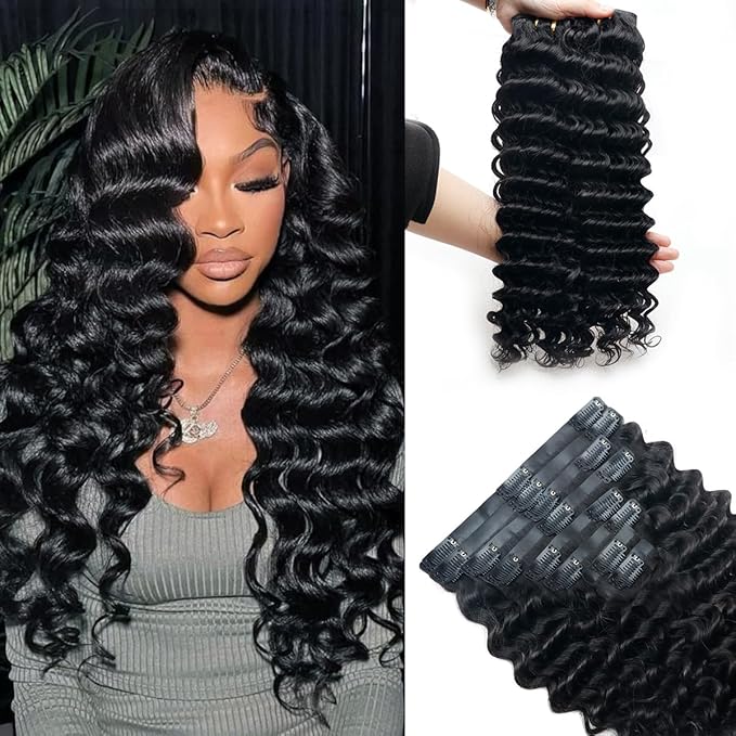 Deep Wave Clip in Hair Extensions Real Human Hair 2 Pack 240g Seamless Clip in Hair Extensions for Women Full Max with 16Pcs Remy Natural Human Hair PU Skin Weft 20inch Natural Black