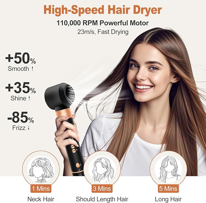 Hair Styler Hair Dryer Brush - 110,000 RPM High-Speed Hot Air Styler,Multi Stylers with Auto-Wrap Curler, Professional Blow Dryer Brush for Fast Curling Volumizing Styling (Black-Caramel)