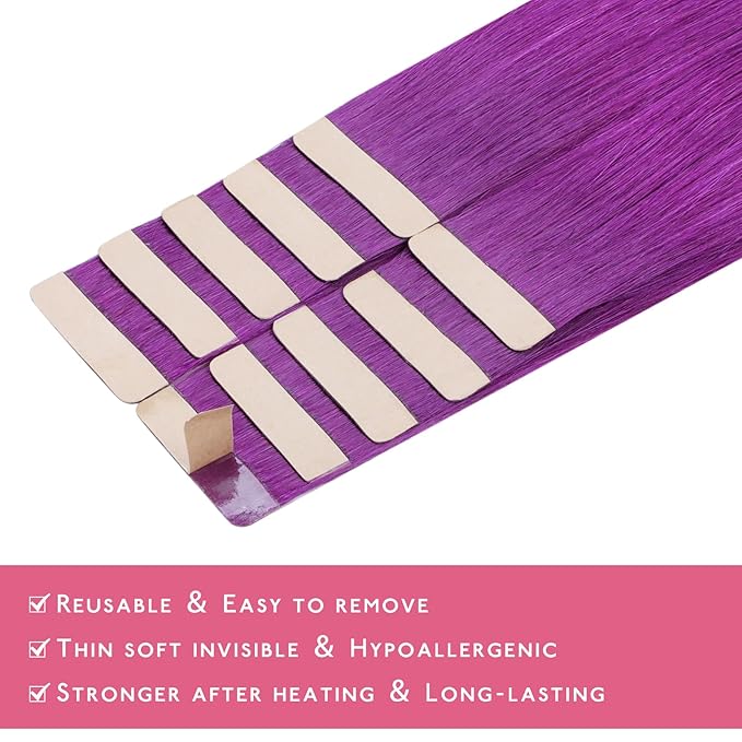 WENNALIFE Tape in Hair Extensions Human Hair Purple Tape in Extensions, 10pcs 30g 20 inch Remy Invisible Tape Ins Straight Colored Soft Real Human Hair Tape in Extensions Refill Set Extensions