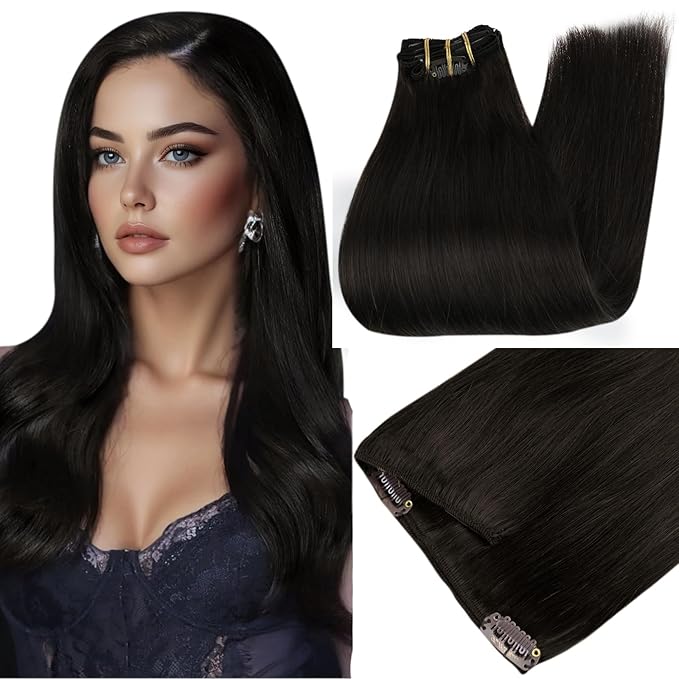 Full Shine Black Extensions Clip in 220 G 24 Inch Long Black Hair Extensions Clip in Human Hair for Length 7 Pcs