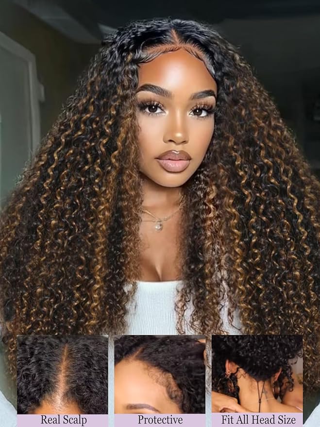 YIROO EasiContour V Part Ombre Brown Human Hair Wig Curly 12A Glueless Upgrade U Part Wig Ombre Black to Chestnut Brown No Leave Out V Shape Clip Wigs Ready to Go 150% Density Beginner Friendly 24Inch