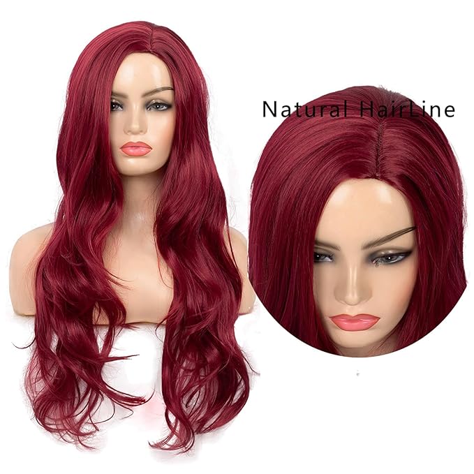 Baruisi Long Curly Wavy Wine Red Wigs for Women Side Part Natural Looking Cosplay Synthetic Fiber Wig Heat Resistant Replacement Wig