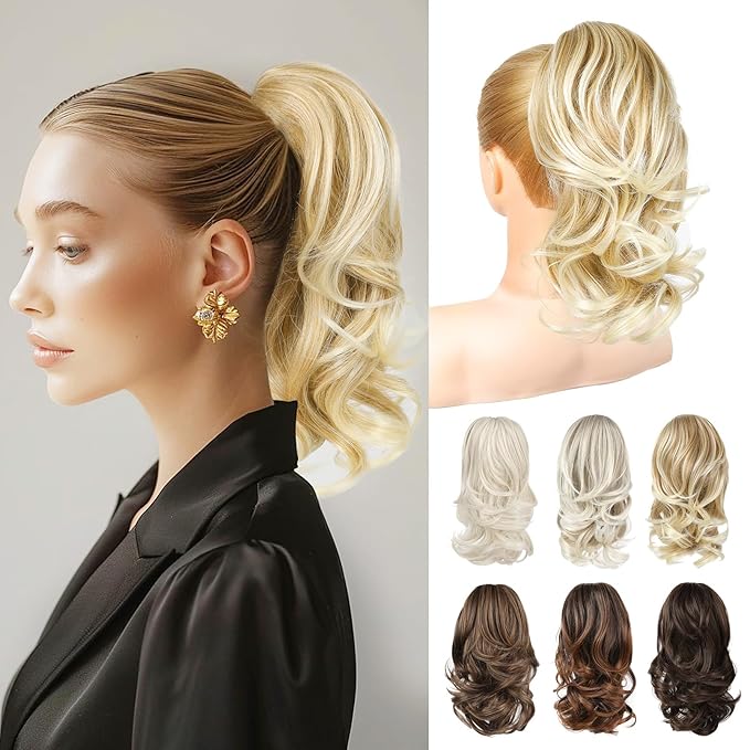Ponytail Extension - 14" Claw Clip in Ponytail Hair Extensions Natural Soft Synthetic Layered Wavy Pony Tail Hair Pieces for Women - Bright Golden with Light Ends