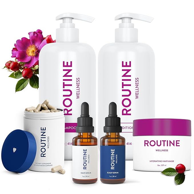 Routine Wellness Bundle - Shampoo and Conditioner Set for Thinning Hair, Two Serums for Scalp Health, Hair Growth Supplement & Hair Mask - Rose Hips