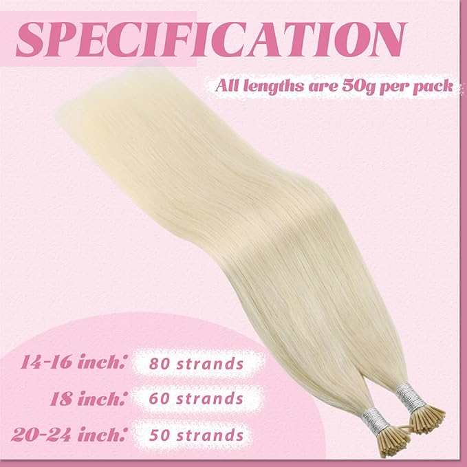 YoungSee Itip Hair Extensions Real Human Hair Blonde I Tip Extensions Platinum Blonde 18 Inch 50g Hair Extension I-Tip for Women 60s Cold Fusion Hair Extension