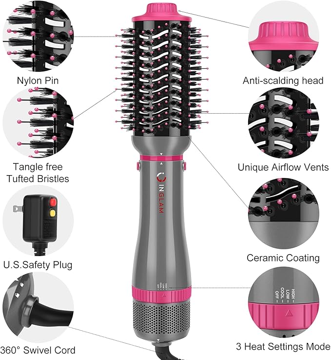 IG INGLAM 4 in 1 Blowout Brush, Negative Ion Detachable Hair Dryer & Styler Volumizer Hot Air Brush with 2 Styling Brush Heads, Silver