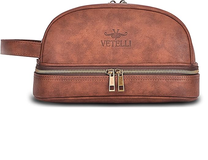 Vetell Classic Leather Men's Travel Toiletry Bag and Dopp Kit with Upper and Lower Zippered Compartments, 2 Mesh Bottle Pouches and Carrying Handle