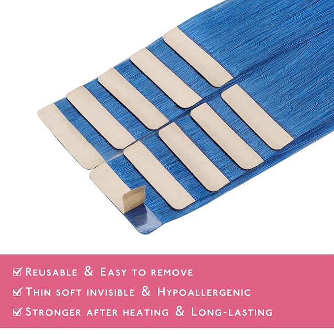 Wennalife Tape in Hair Extensions Human Hair Blue Tape in Extensions, 10pcs 30g 24 inch Remy Invisible Tape Ins Straight Colored Soft Real Human Hair Tape in Extensions Refill Set Extensions