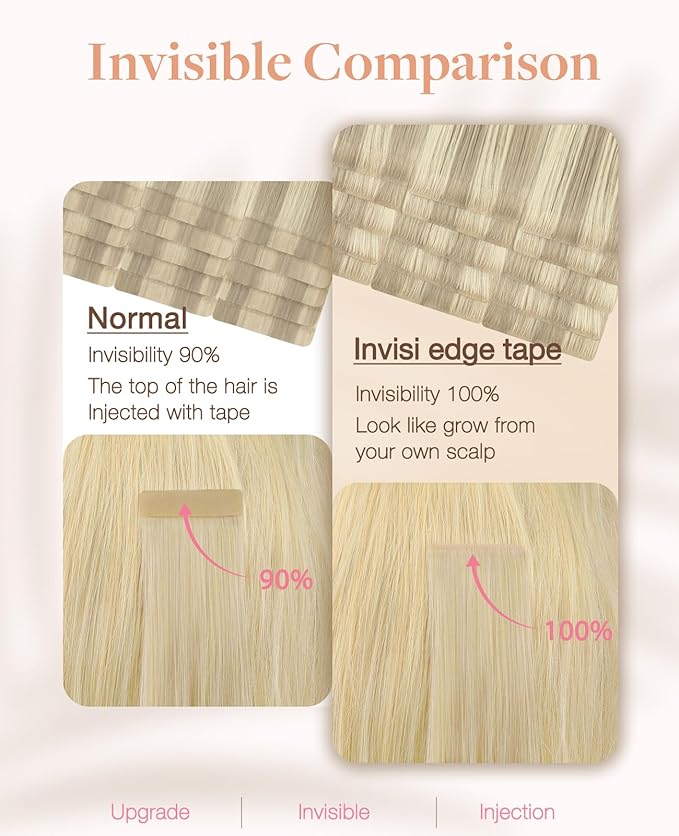 GOO GOO Invisi Edge Tape in Hair Extensions Human Hair, 17A/60A Ash Blonde Highlighted Platinum Blonde, 20pcs 14inch 50g, Virgin Remy Hair, Seamless Injected Tape, Natural Look