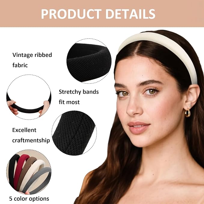 Huachi Headbands for Women Non Slip Trendy Headbands for Women’s Hair Thin Padded Headband for Girls, Cute Head Bands Elastic Hair Bands for Women Fashion Accessories 5PCS