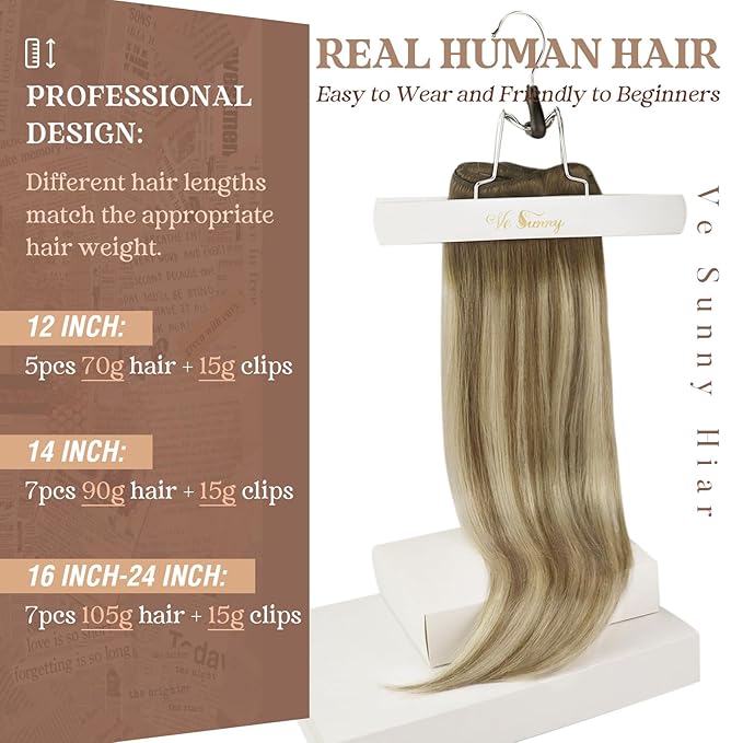 Ve Sunny Human Hair Clip in Extensions Balayage Clip in Hair Extensions Ombre Hair Extensions Clip ins Dark Brown to Light Brown with Blonde Clip on Extensions Easy to Use 16inch 120g 7pcs