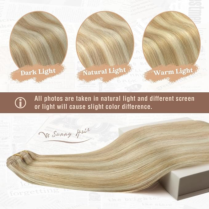 Ve Sunny Human Hair Clip in Hair Extensions Highlights Hair Extensions Real Human Hair Clip ins Caramel Blonde with Platinum Blonde Clip in Hair Extensions Human Hair 14 Inch 7pcs 100g