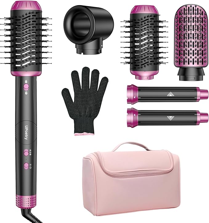 5 in 1 Hot Air Styler & Hair Dryer Brush, High-Speed Blow Dryer, 1300W Fast Drying Curling Without Heat Damage, Volumizing Straightening, Auto Wrap Curlers Includes Travel Storage Bag