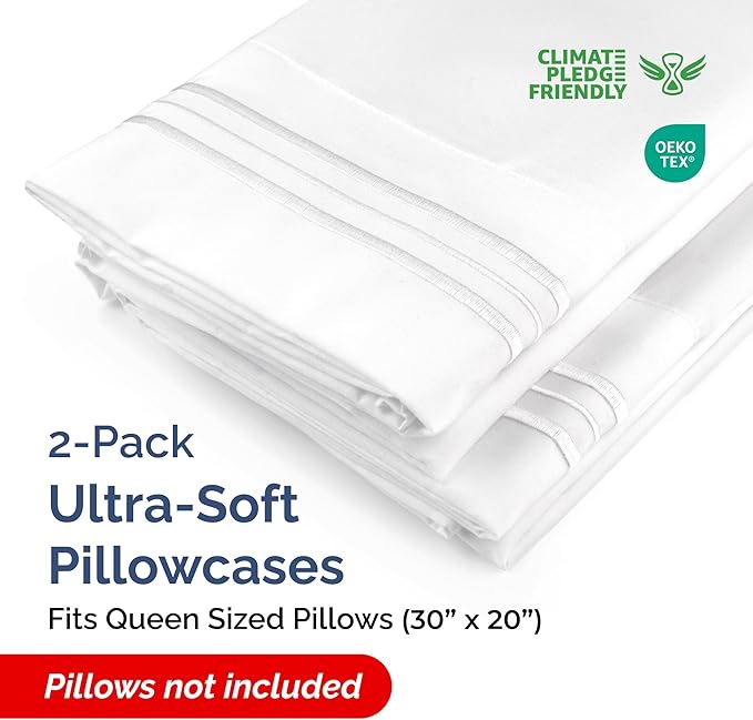 Queen Pillow Cases Set of 2 - Ultra Soft Hotel Quality Pillowcase Covers - Comfy, Cozy & Wrinkle Free - Shrinkage, Stain and Fade Resistant - Machine Washable Pillow Protectors - 2 Piece Set - White