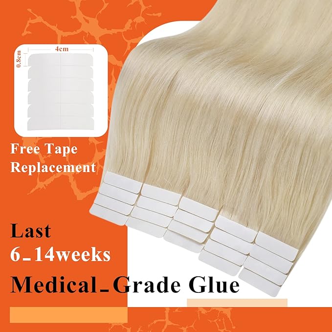 Full Shine Blonde Tape in Hair Extensions Human Hair 20Inch Platinum Blonde Hair Extensions 60 Extensions Human Hair Natural 20pcs 50Grams Glue on Extensions Real Straight Hair for Party
