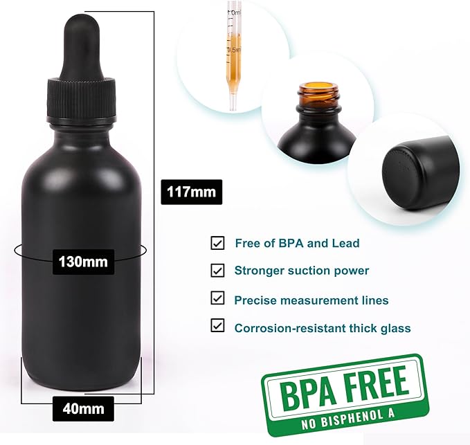 2oz Glass Dropper Bottle,Preety Texture Tincture Bottles with Precise Scales Eye Droppe,for All Kinds Of Mixed Liquids,Leak-Proof Design for Easy Travel (Black Frosted-48Pack)