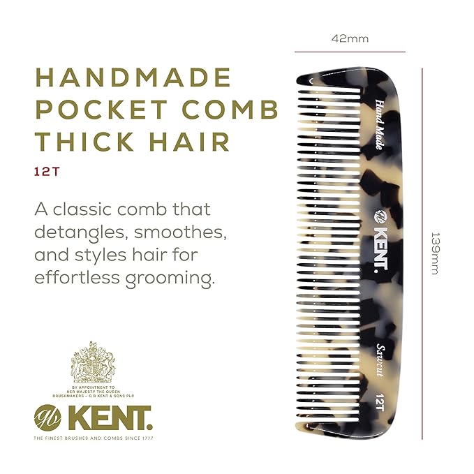 Kent 12T TW Wide Tooth Detangling Comb - Handmade Pocket Comb for Thick, Curly, and Wavy Hair Grooming - Large Tooth Detangler for Hair, Beard, and Mustache