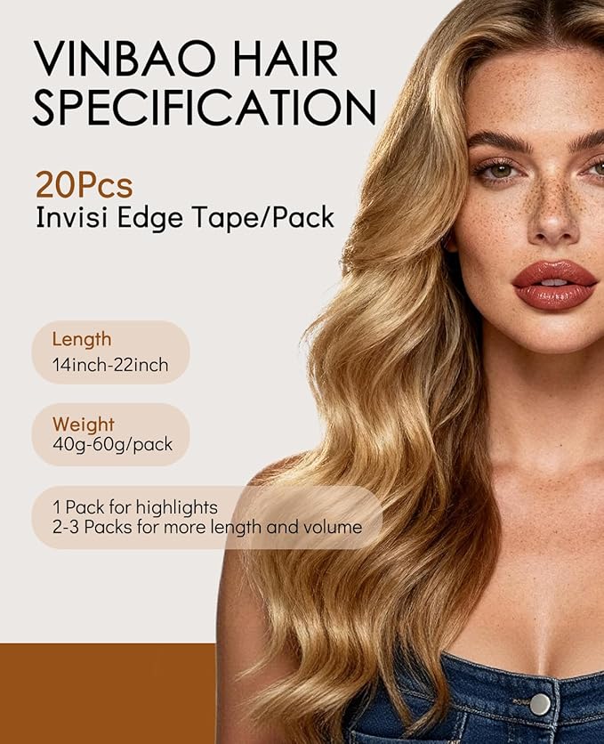 VINBAO Invisible Tape in Extensions Human Hair, 55g 20pcs Balayage Walnut Brown to Ash Brown and Blonde Seamless Injected Tape in Extensions Natural Look 20inch #3/8/22