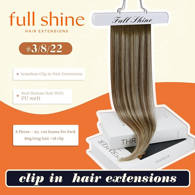 Full Shine Balayage Human Hair Clip in Extensions Brown Ombre Clip in Hair Extension Light Brown Mix Blonde Invisible Hair Extension 18 Inch 120 G 8 PCS