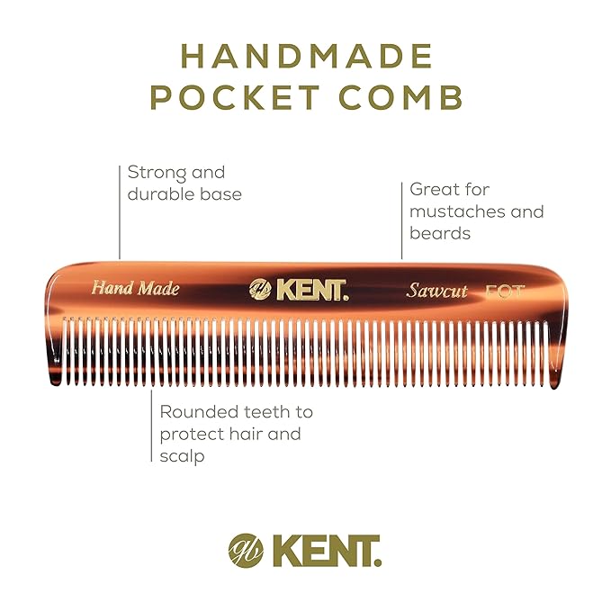 Kent A FOT Tortoise Fine Tooth Handmade Pocket Comb for Men, Women and Kids, Hair Comb Straightener for Everyday Grooming and Styling, Beard and Mustache, Saw Cut and Hand Polished, Made in England