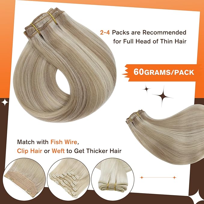 Full Shine Clip in Extensions for Women Lace Weft Golden Blond Highlighted Blonde Human Hair Clip in Extensions Straight Hair Clip ins Longevity 14 Inch 3 PCS 60 Grams