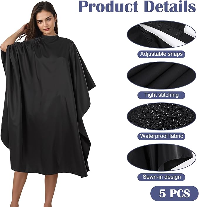 5 Pcs Black Hair Salon Capes,55 X 47 Inches Professional Waterproof Salon Barber Cape with Adjustable Snaps,Hairdressing Styling Nylon Hair Cutting Cape for Haircutting Dyeing Styling