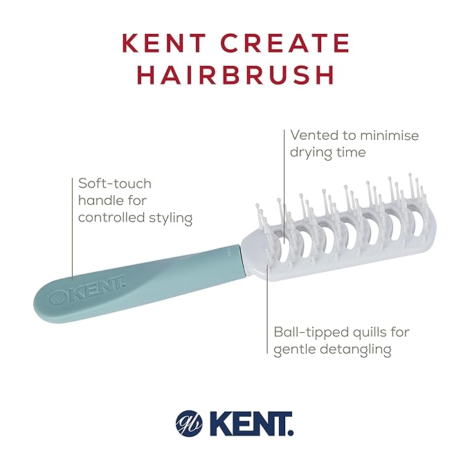 Kent KCR1 "Create" Vented Hair Brush for Blowdrying, Creating Root Lift, and Volume in All Hair Types - Small Vent Brush with Green Ergonomic Handle and Soft Ball Tipped Bristles for Pain Free Use