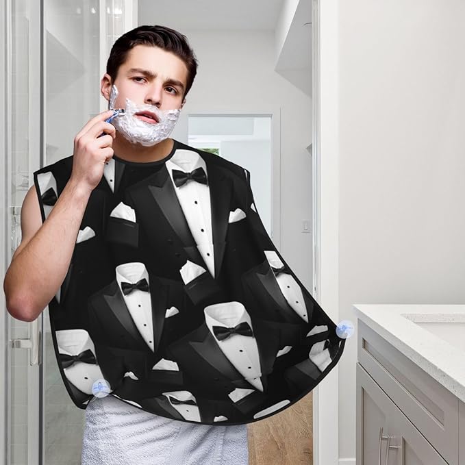 Beard Shaving Cape with Suction Cups, Black Tuxedo Shave Bib, Non-Stick Waterproof Hair Catcher, Grooming Bib for Men Husband